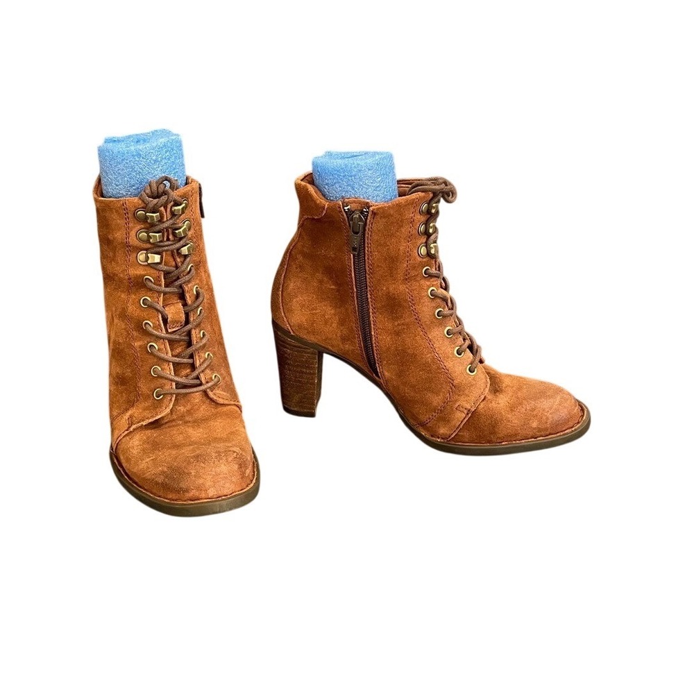 Born F55326 Cognac Suede Lace Up Ankle Boots Womens Size 7M Side Zip Block Heel